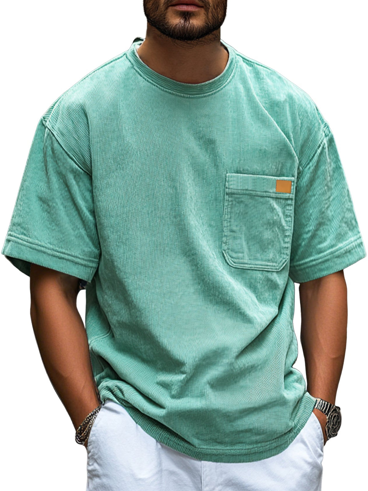 Men's Fashion Retro Corduroy Simple Embroidered Logo Pocket Casual Short-sleeved T-shirt