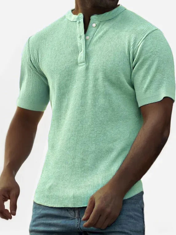 Men's Waffle Fashion Button-Down Henley Short Sleeve Top