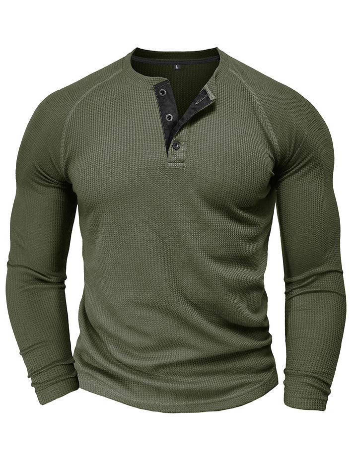 Men's Waffle Henley Collar Textured Long-sleeved Top