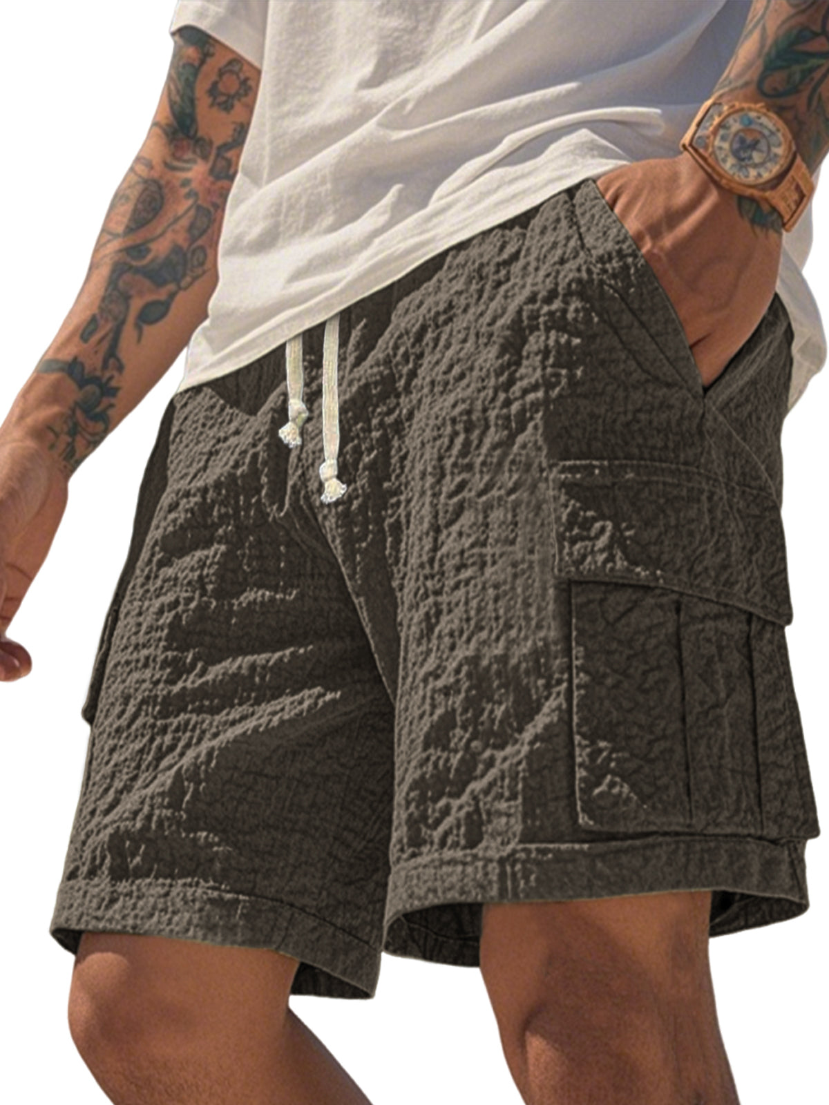 Men's Comfortable Seersucker Pleated Multi-Pocket Cargo Shorts Textured Casual Loose Casual Shorts