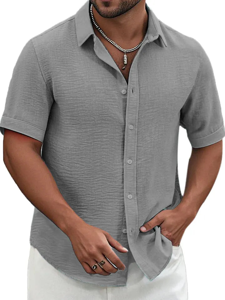 Men's Summer Solid Color Textured Short-sleeved Lapel Button-down Shirt