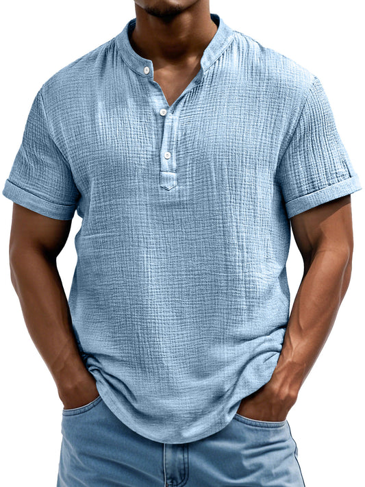 Men's Daily Casual Textured Half-Placket Henley Short Sleeve Shirt