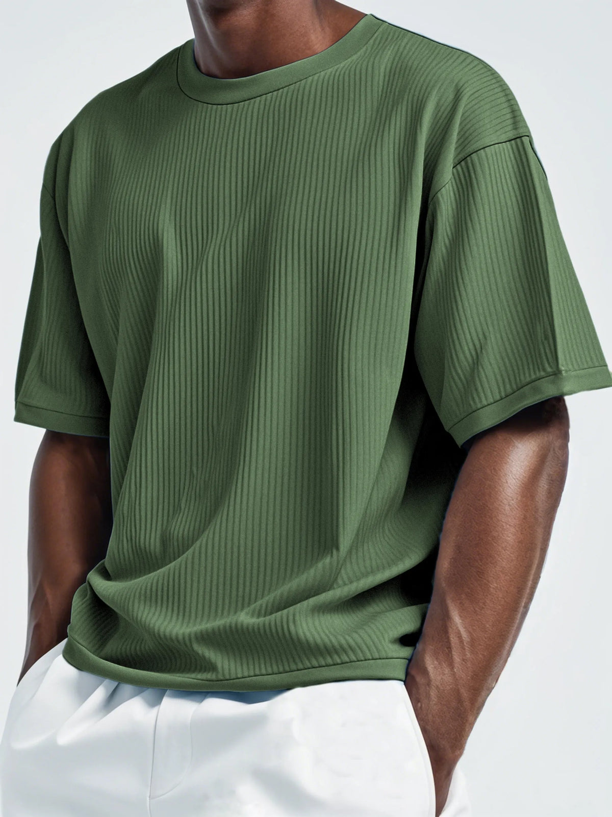 Men's Pleated Vertical Striped Fabric Casual Short Sleeve T-shirt