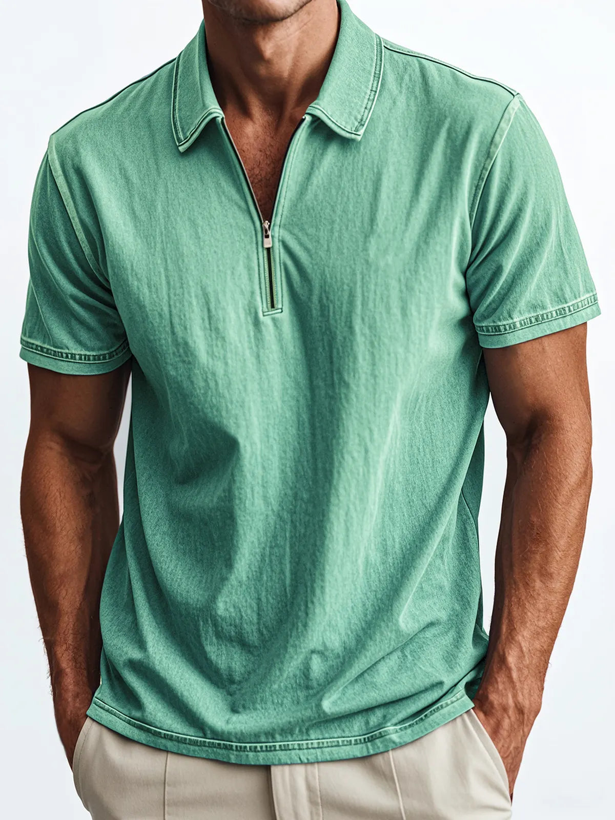 Men's Retro Quarter Zip Collar Casual Fit Polo Shirt