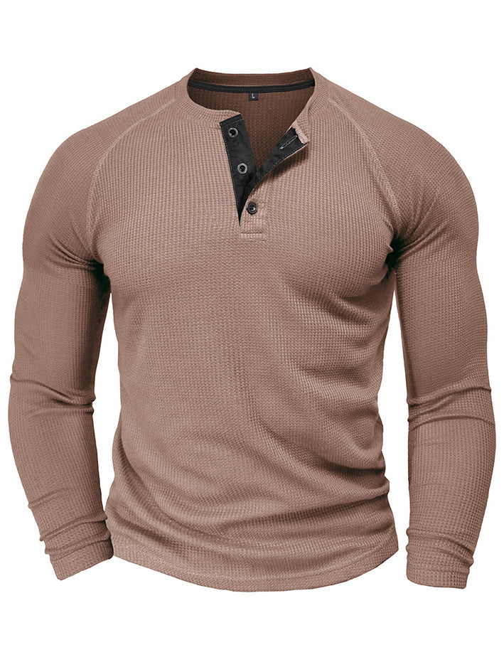 Men's Waffle Henley Collar Textured Long-sleeved Top