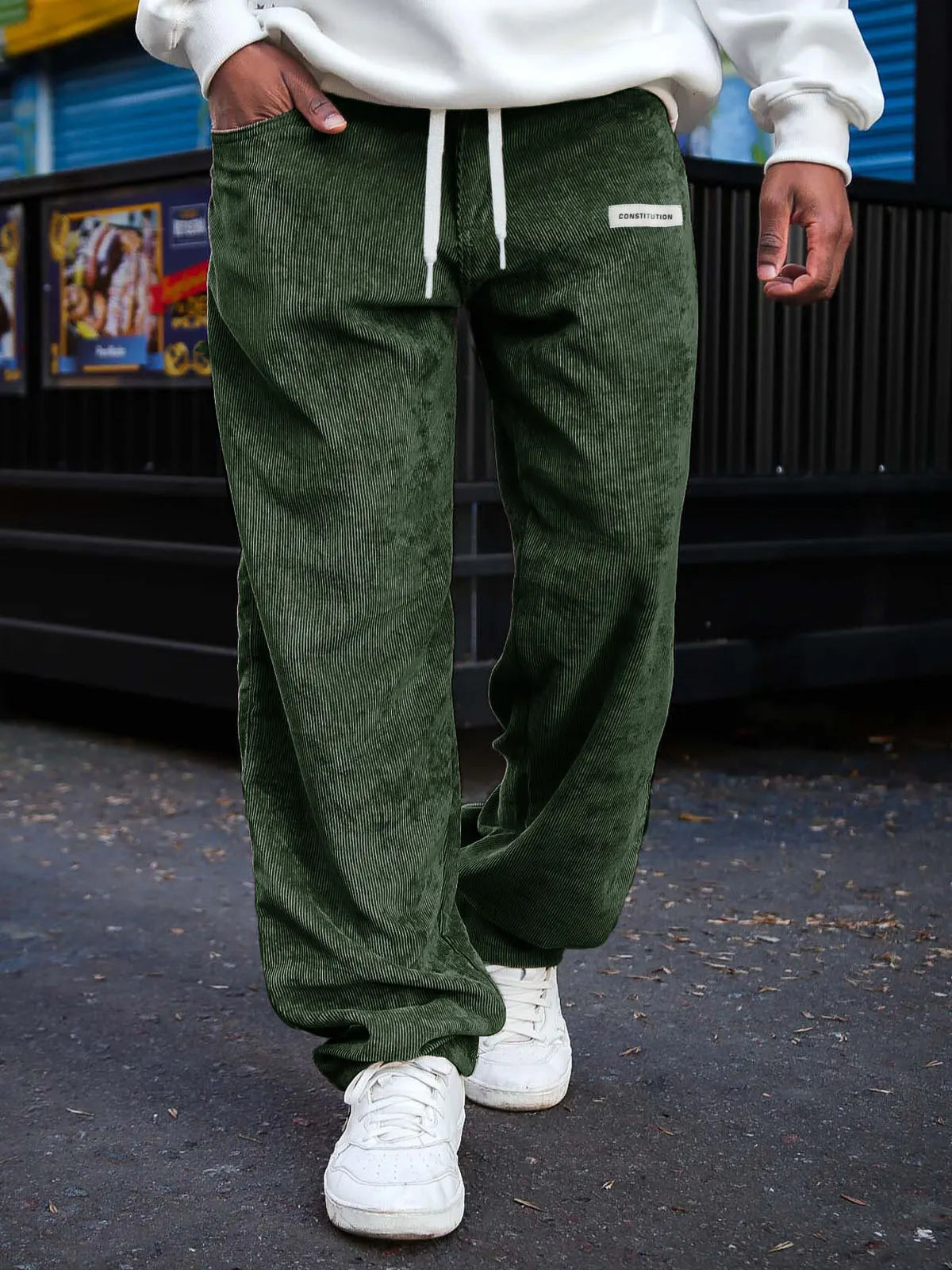 Men's Fashion Daily Corduroy Ribbed Fabric Embroidered Logo Elastic Waist Trousers