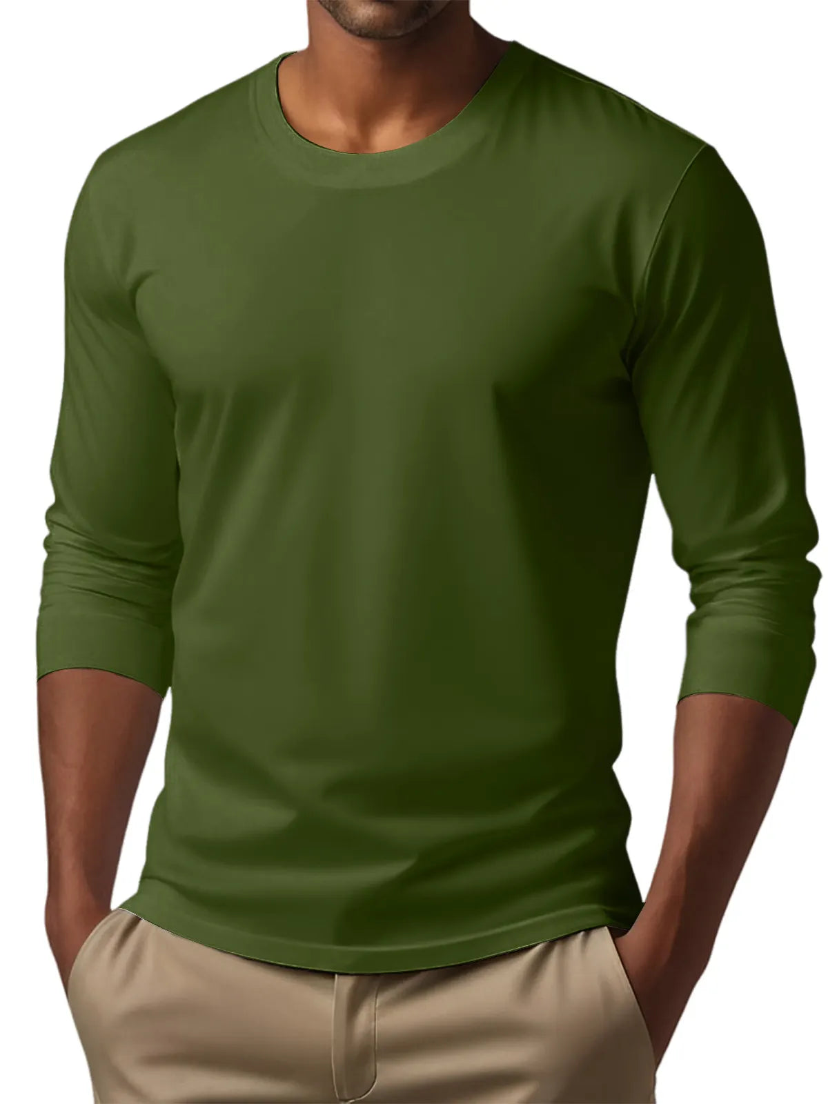 Men's Casual Round Neck Solid Color Comfortable Long Sleeve T-Shirt