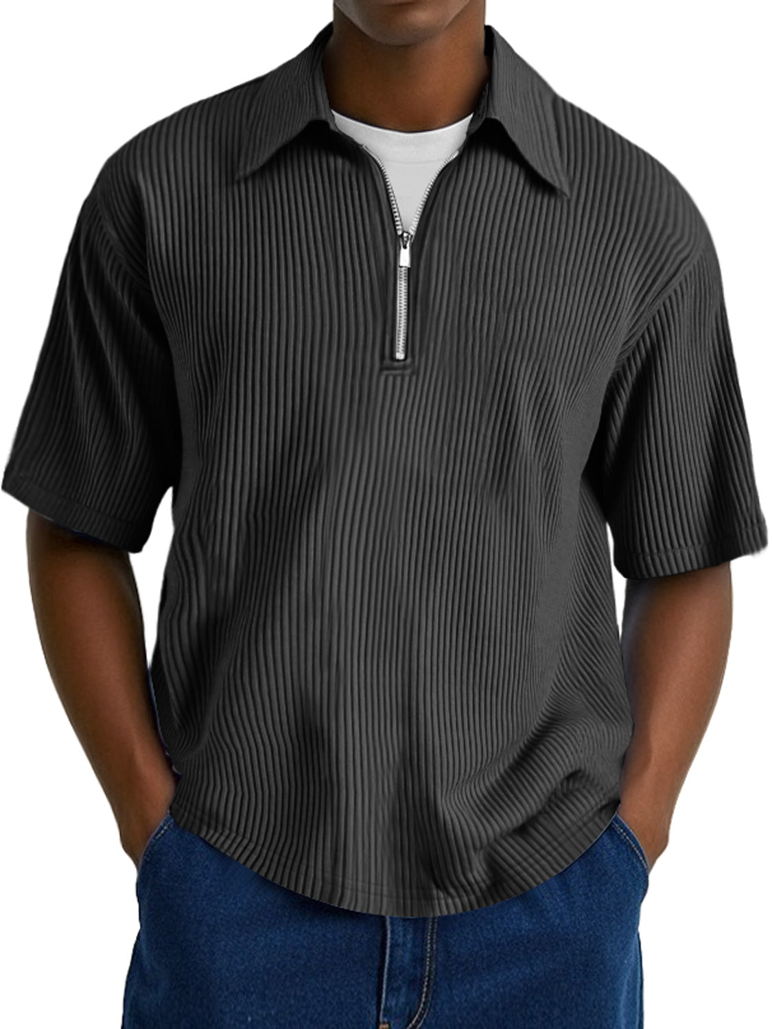 Men's Fashion Ribbed Texture Lapel Zipper Casual Comfort Short Sleeve POLO Shirt