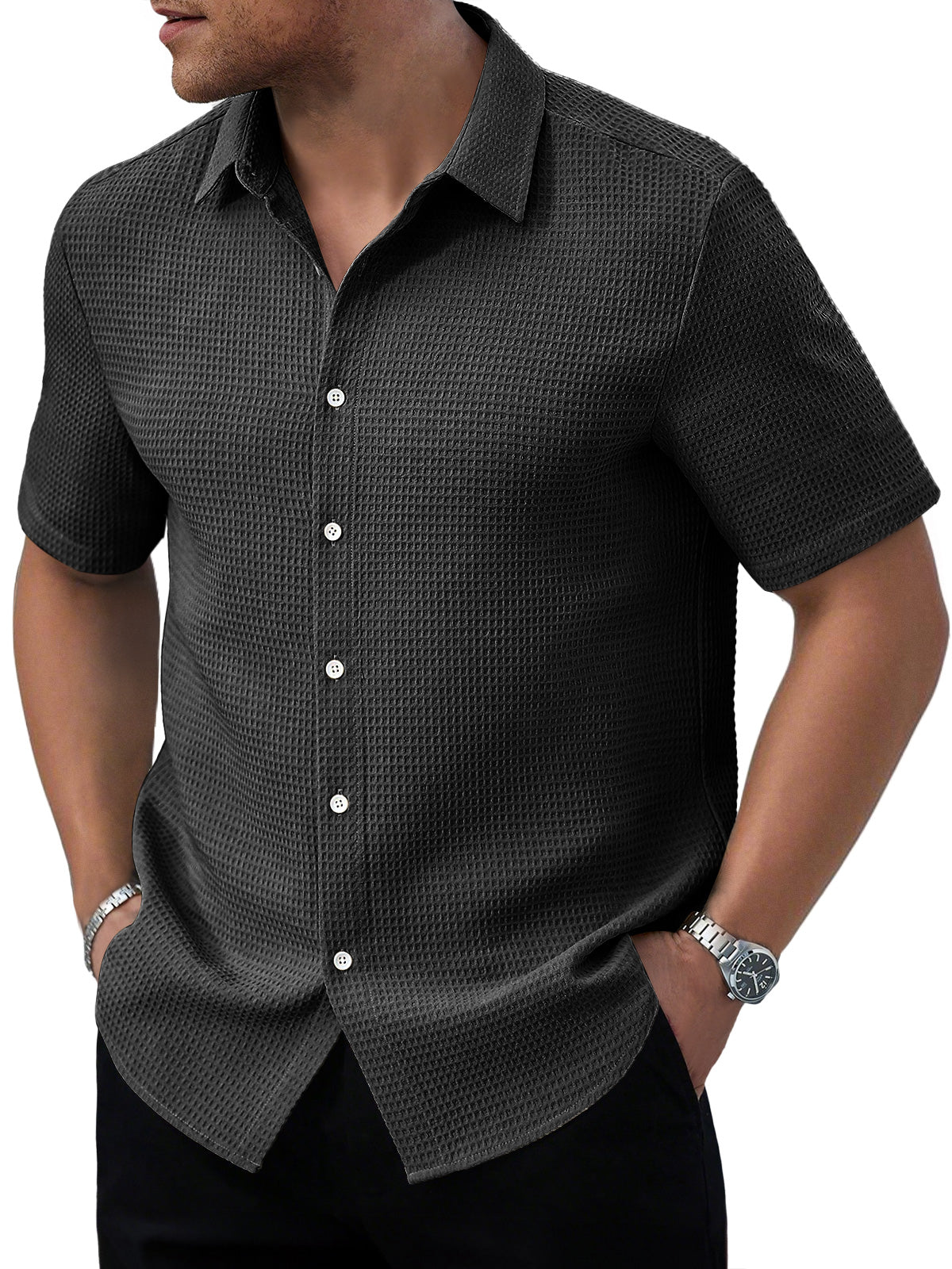 Men's Waffle Daily Casual Comfort Solid Color Short Sleeve Shirt