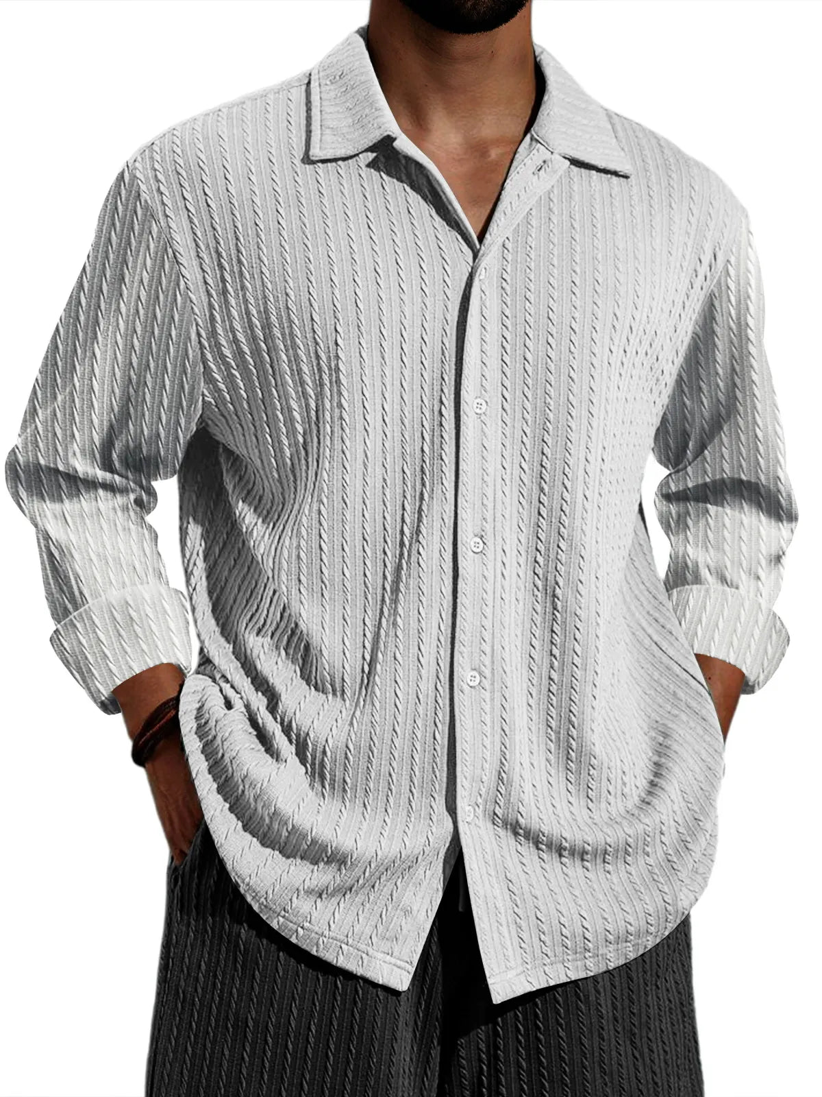 Men's Casual Vertical Stripe Solid Color Long-sleeved Shirt