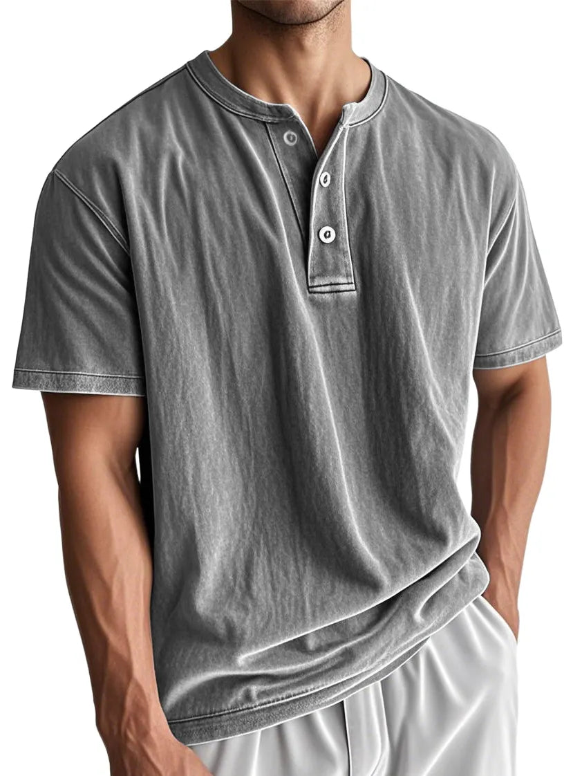 Men's Washed And Distressed Cotton Vintage Henley Collar Short-sleeved T-shirt