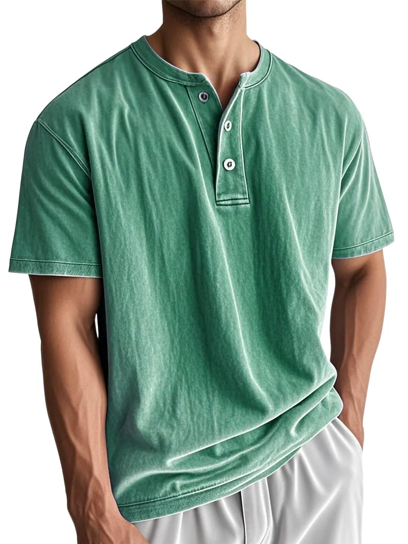 Men's Washed And Distressed Cotton Vintage Henley Collar Short-sleeved T-shirt