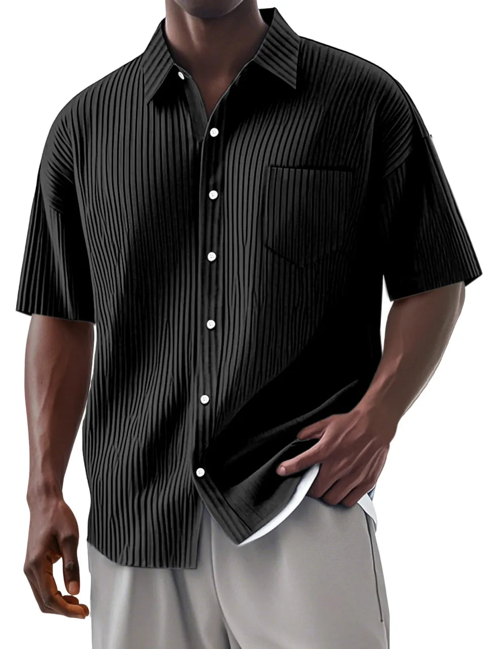 Men's Daily Casual And Comfortable Vertical Striped Solid Color Lapel Short-sleeved Shirt