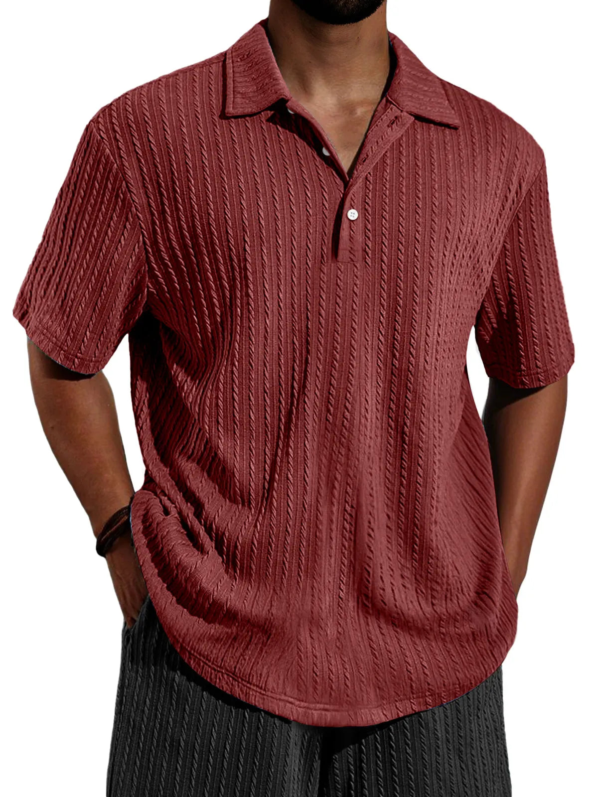 Men's Daily Jacquard Texture Casual Lapel Button Short-sleeved Polo Shirt