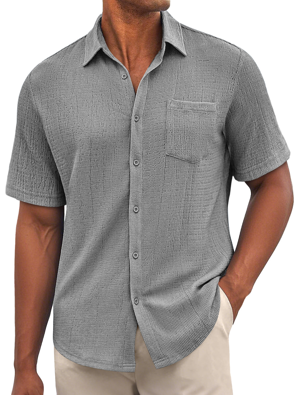 Men's Daily Bubble Wrinkle Casual Pocket Solid Color Short Sleeve Shirt