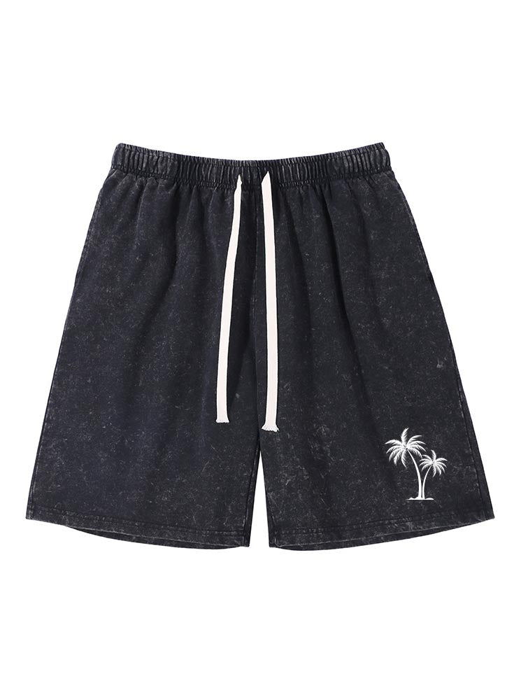 Men's Cotton Washed Water Distressed Wax Printed Pockets Palm Tree Printed Daily Shorts