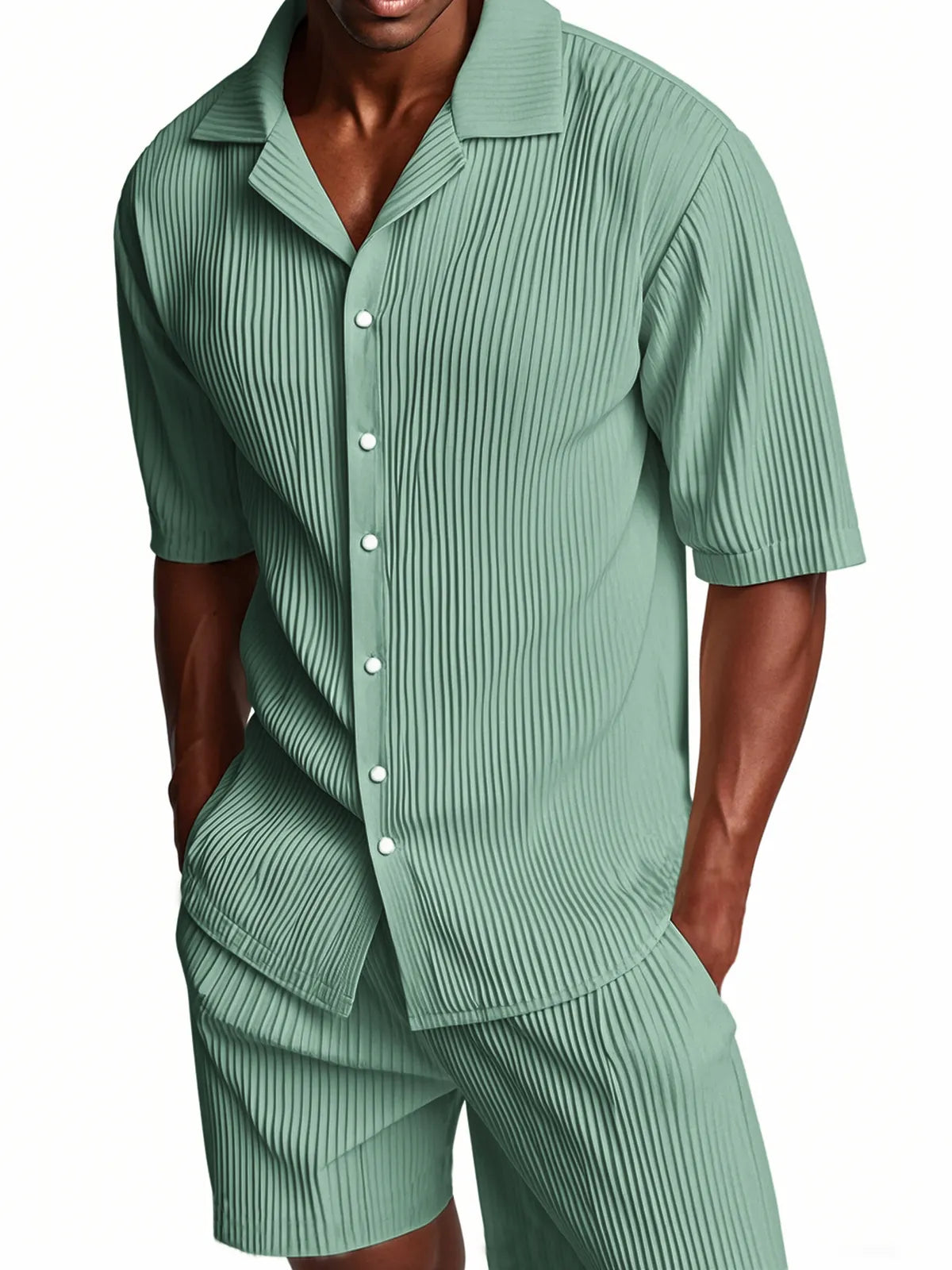 Men's Pleated Texture Suit Cuban Collar Casual Striped Fabric Short Sleeve Shirt Shorts Casual Two-piece Suit