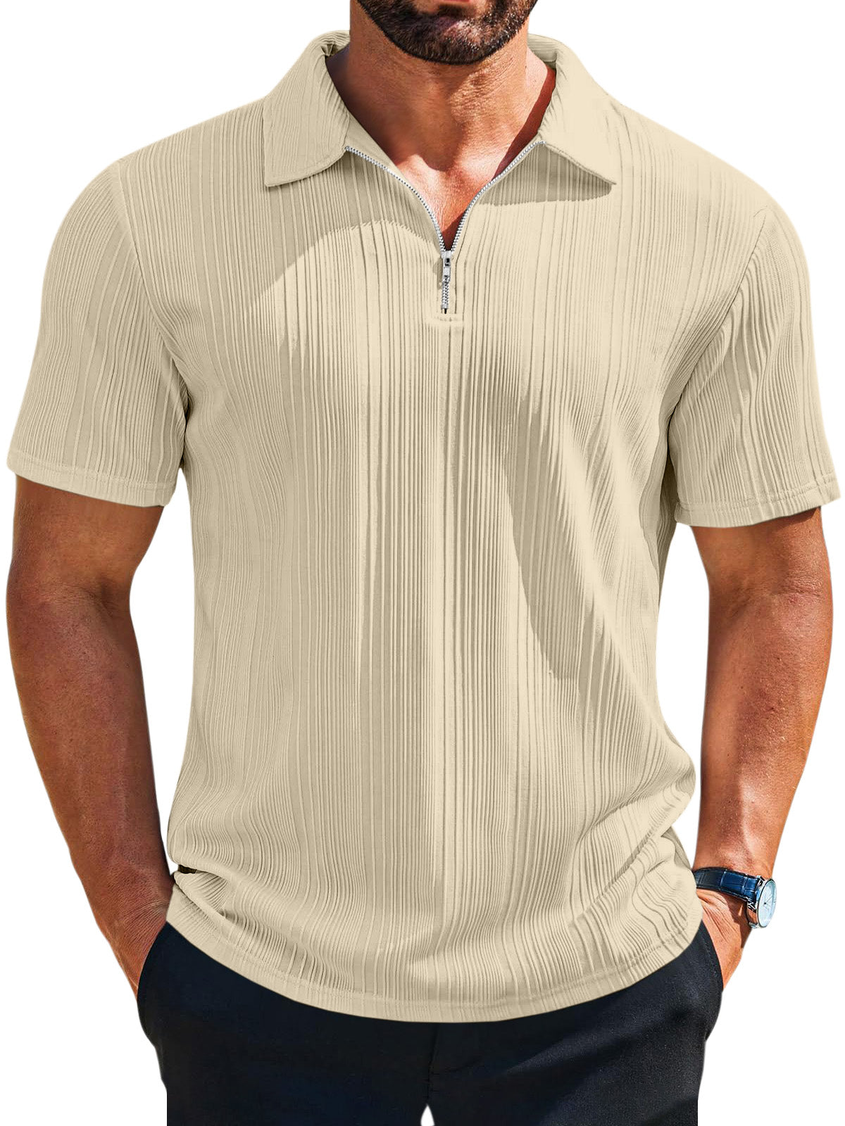 Men's casual loose solid color texture zipper short-sleeved POLO shirt