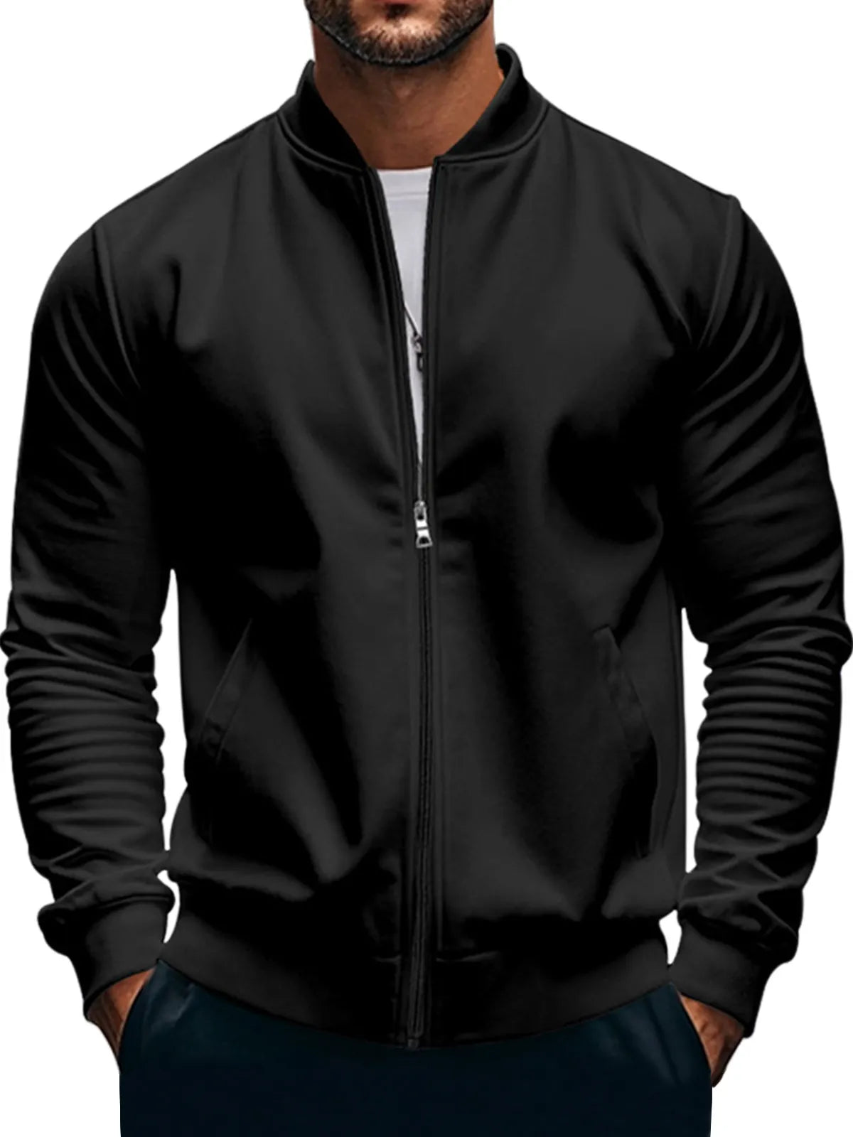 Men's Casual Stand Collar Zipper Long Sleeve Baseball Jacket