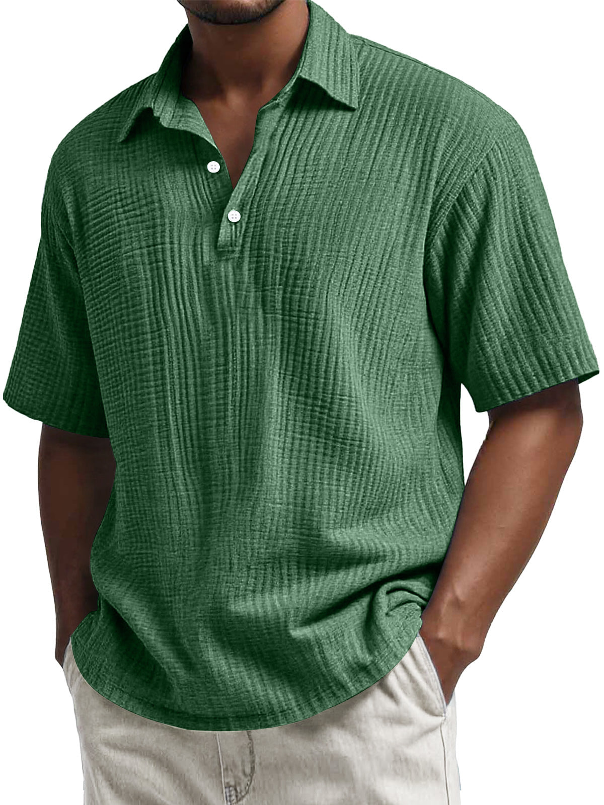 Men's Daily Pleated Texture Lapel Button Casual Short Sleeve POLO Shirt