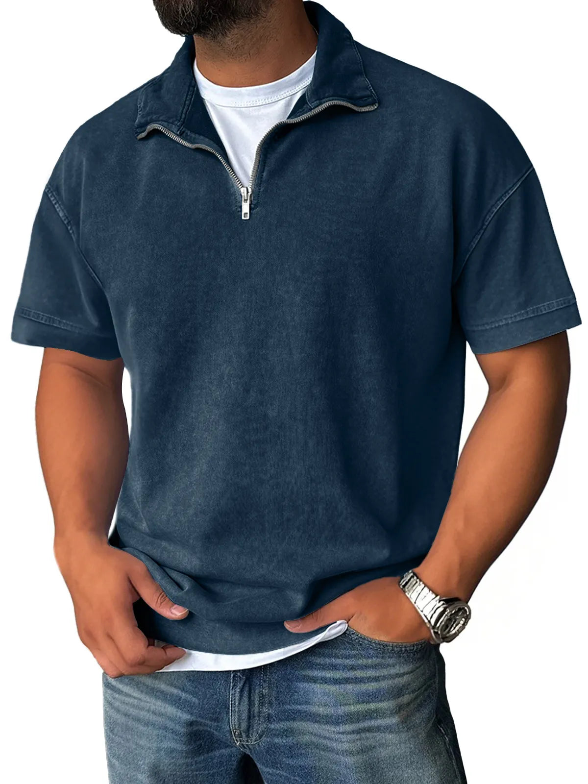 Men's Retro Stand Collar Zipper Casual Solid Color Short Sleeve T-Shirt