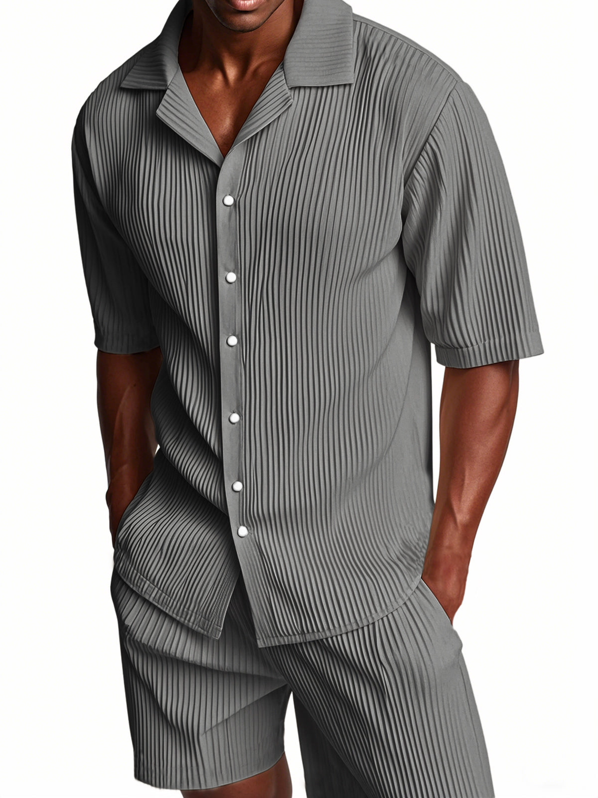 Men's Pleated Texture Suit Cuban Collar Casual Striped Fabric Short Sleeve Shirt Shorts Casual Two-piece Suit