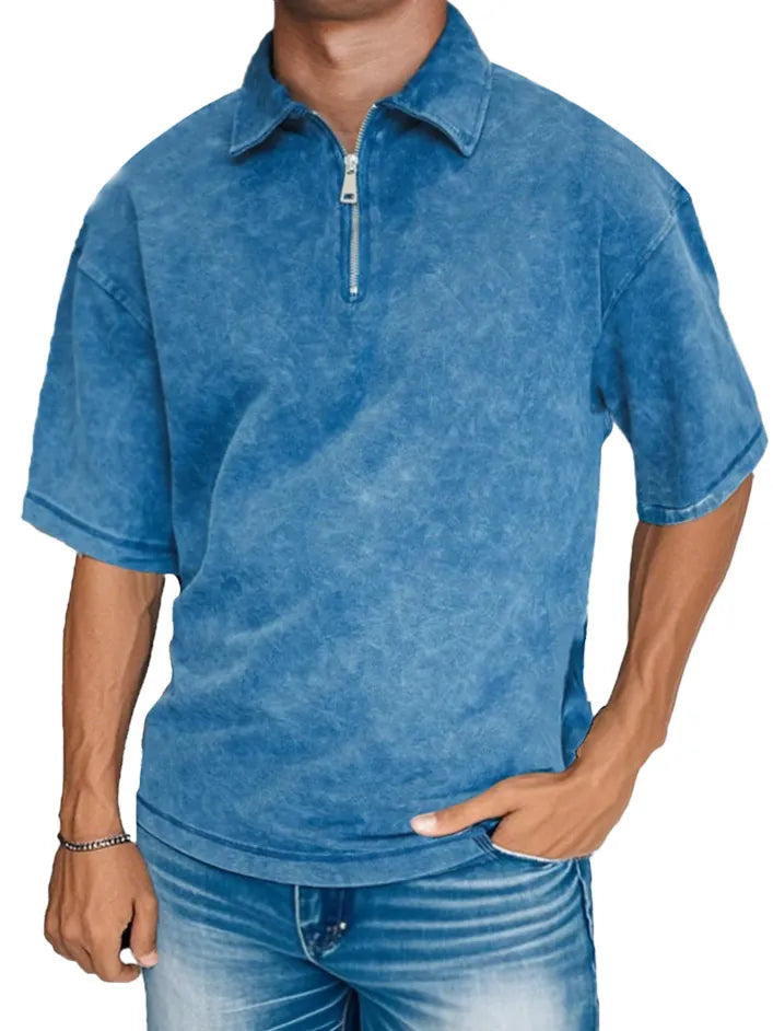 Men's Fashion Retro Distressed Short Sleeve Lapel Zipper Polo Shirt