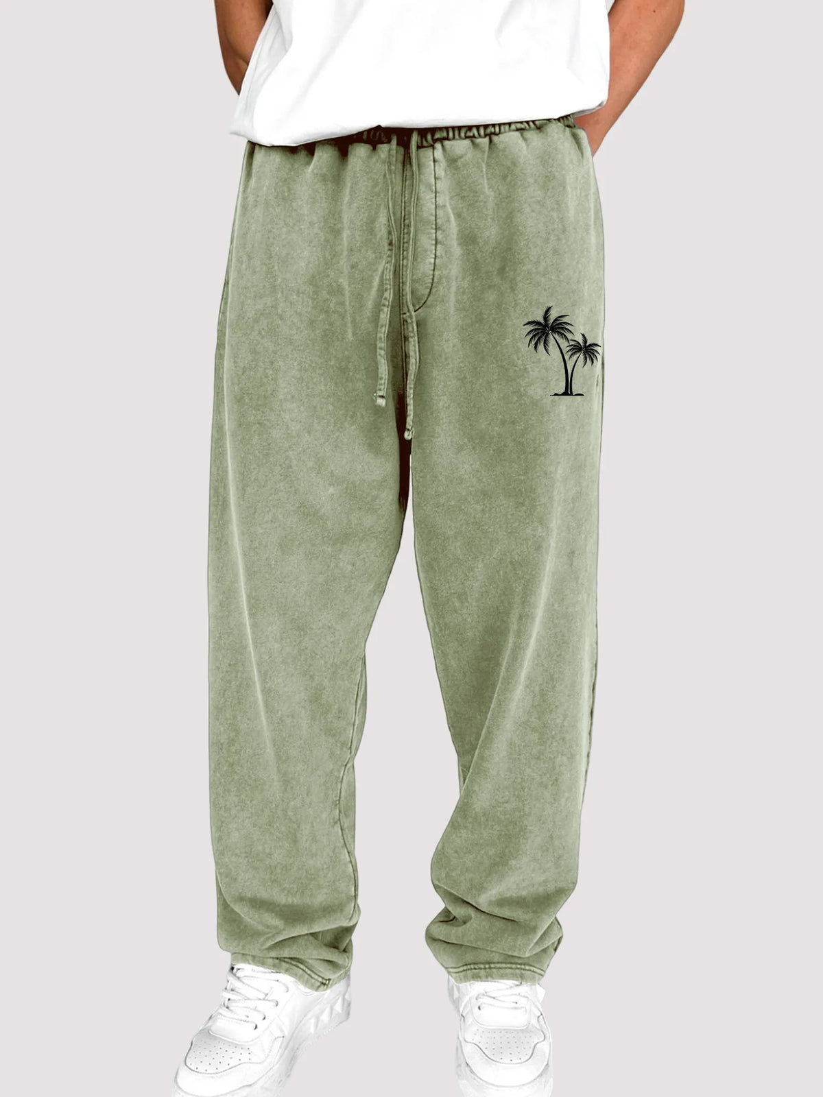 Men's Dyed Vintage Coconut Tree Printed Holiday Casual Elastic Waist Drawstring Trousers