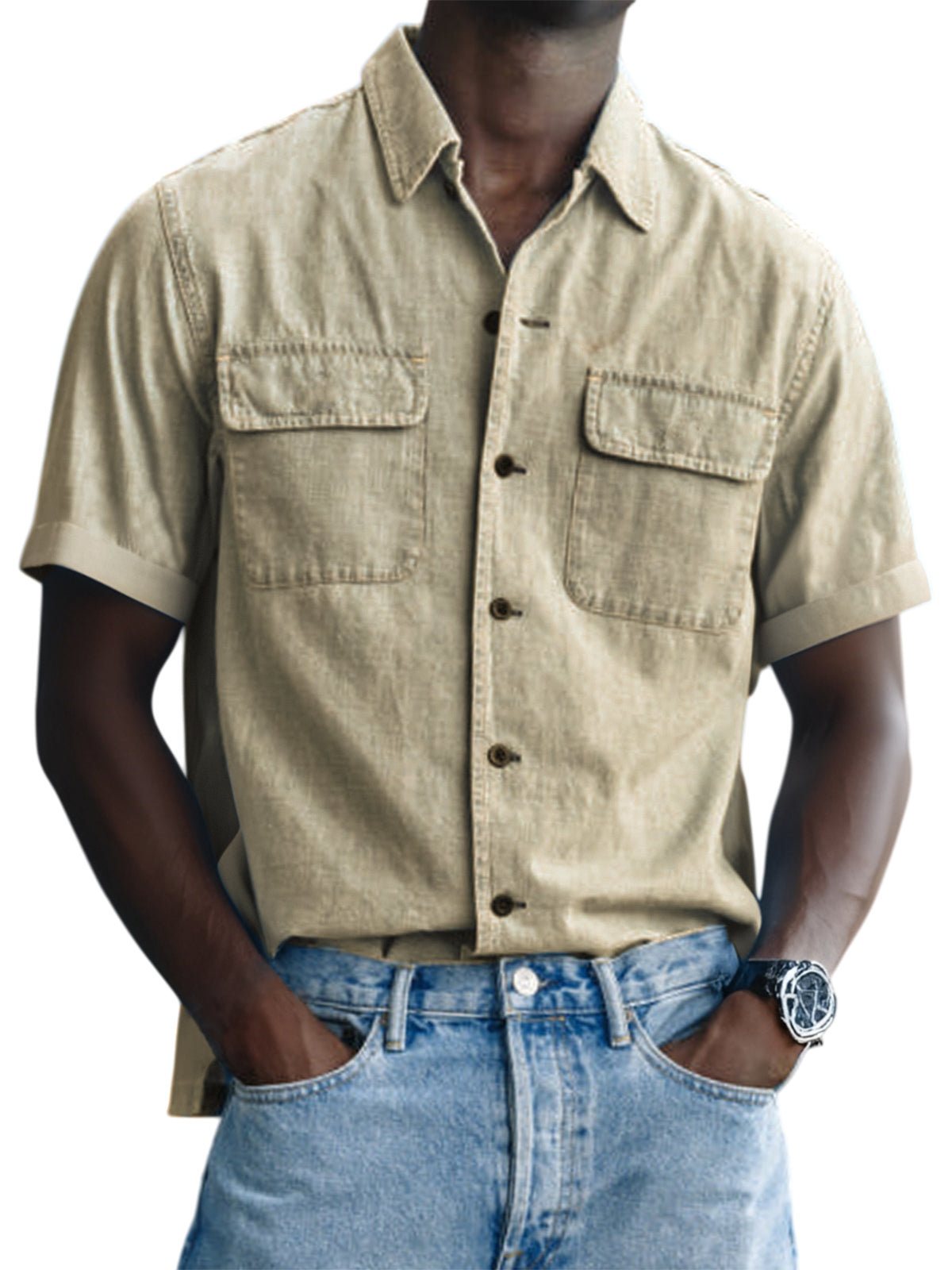 Men's Vintage Utility Double Pocket Button Down Short Sleeve Shirt