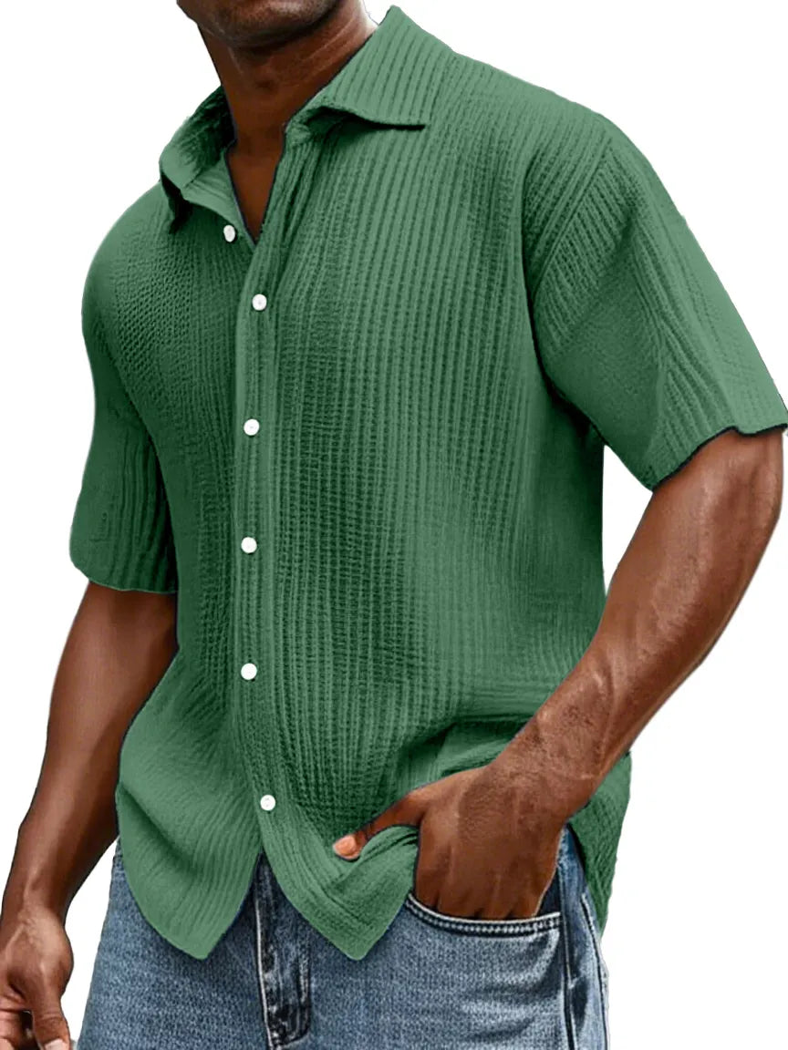 Men's Daily Casual Loose Comfortable Cotton Ruffled Texture Lapel Short Sleeve Button Shirt