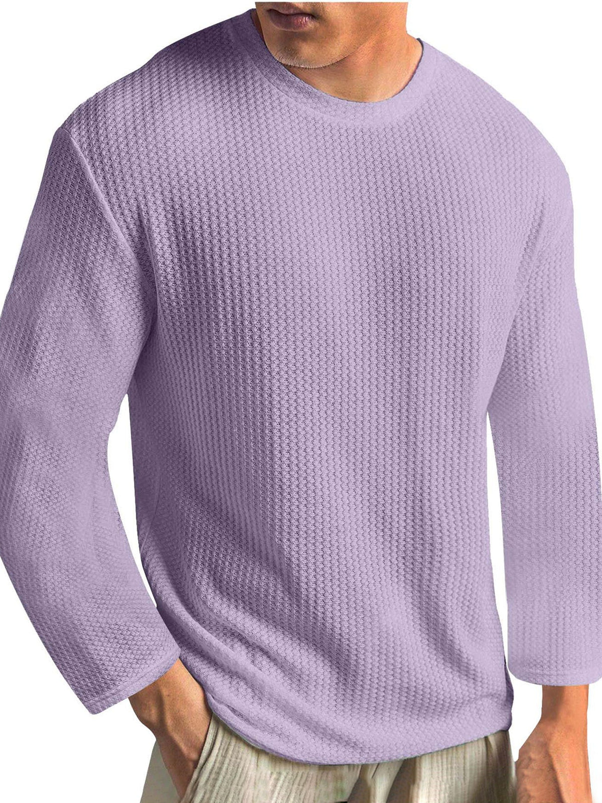 Men's Knitted Waffle Fabric Solid Color Basic Casual Base Outer Wear Long-sleeved T-shirt
