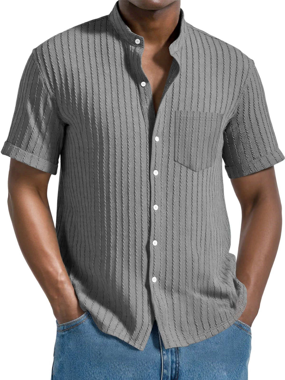 Men's Daily Jacquard Texture Stand Collar Button Casual Short Sleeve Shirt