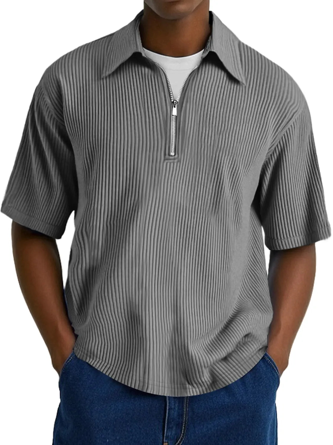 Men's Fashion Ribbed Texture Lapel Zipper Casual Comfort Short Sleeve POLO Shirt