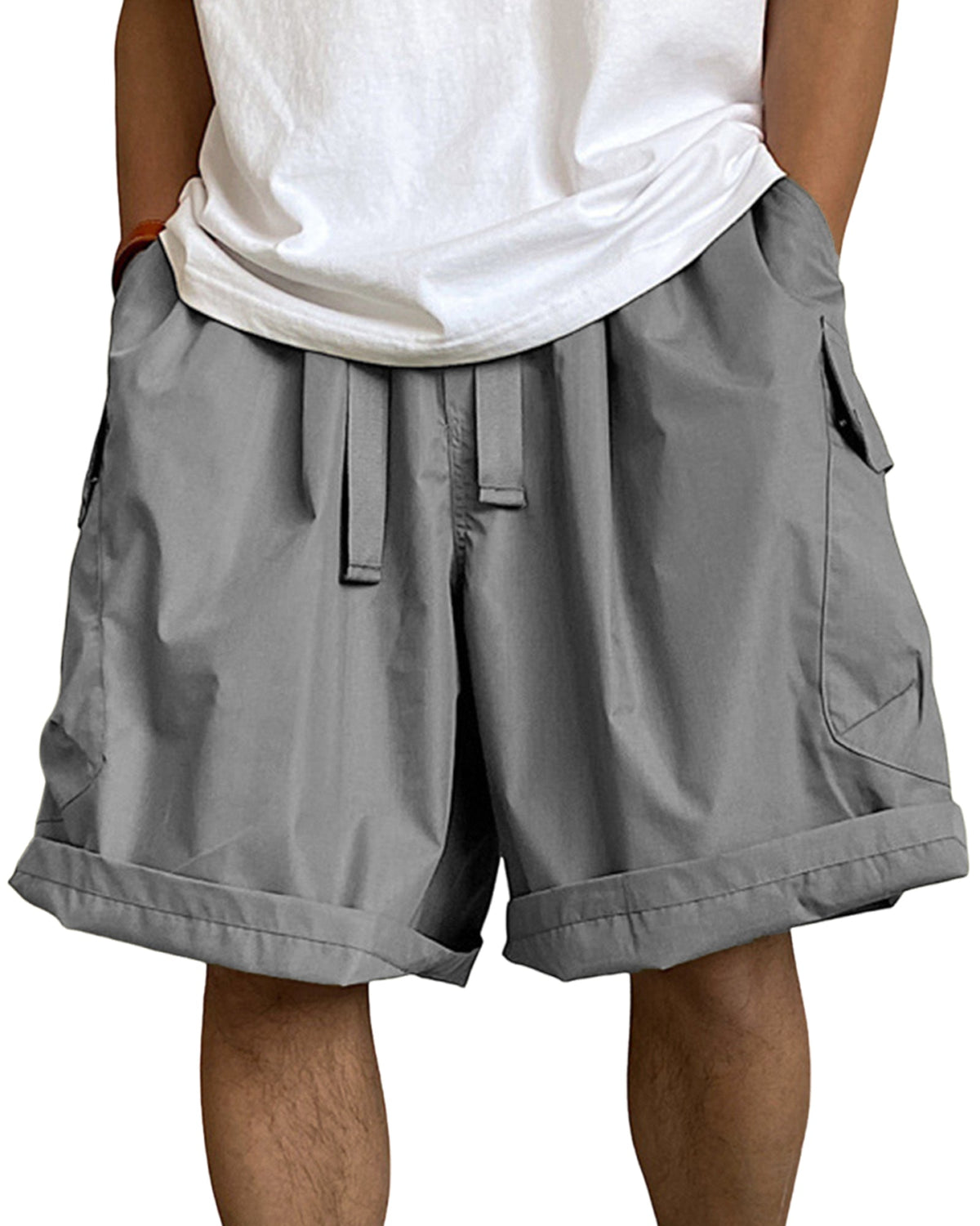 Men's Multi-Pocket Cargo Shorts Breathable Loose Drawstring Shorts with Side Pockets