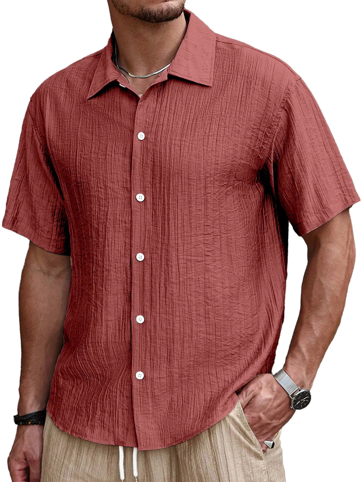 Men's Simple Casual Pleated Solid Color Short Sleeve Button Lapel Shirt