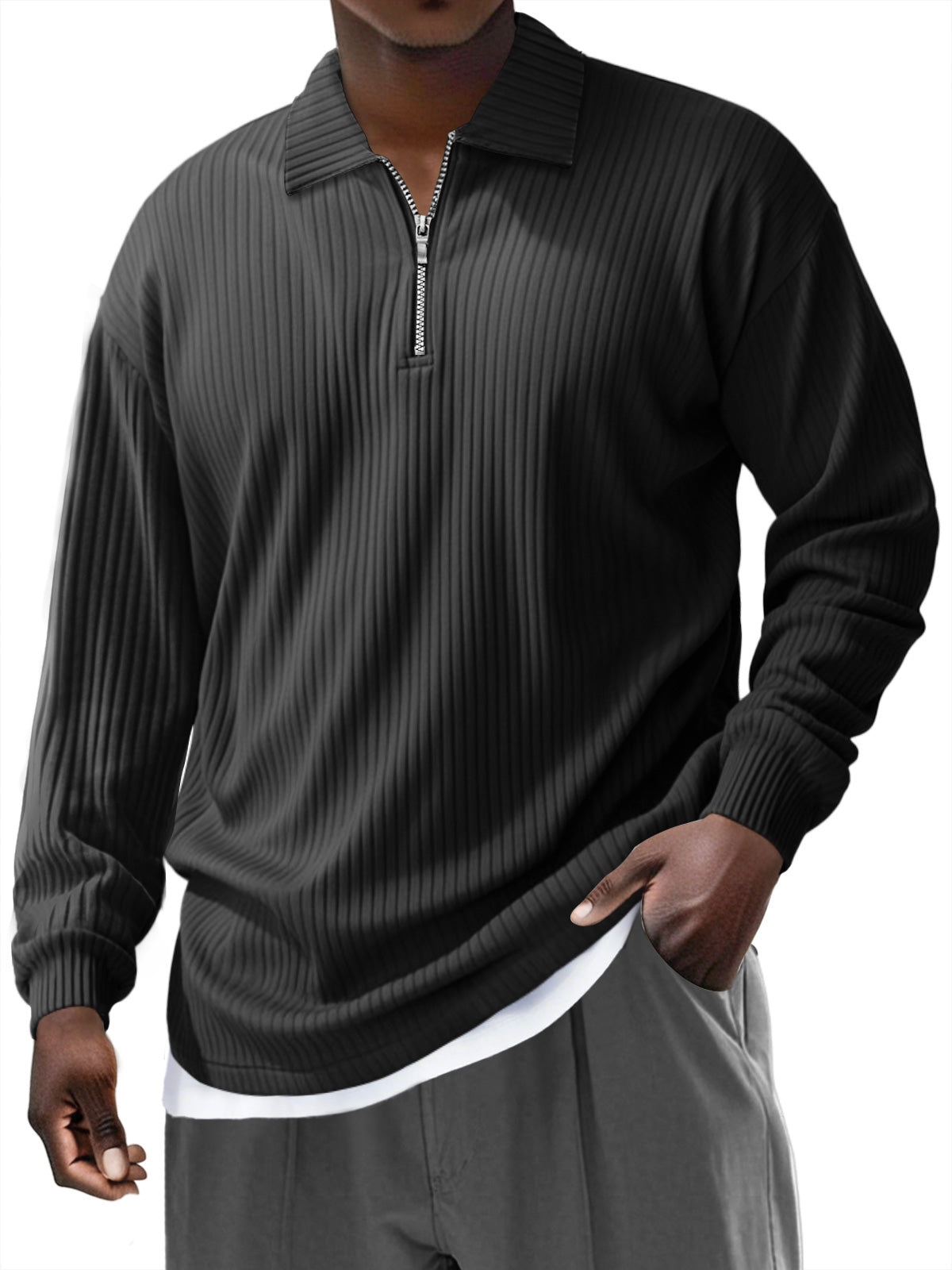 Men's Pit Zipper Lapel Solid Color Long-sleeved Polo Shirt