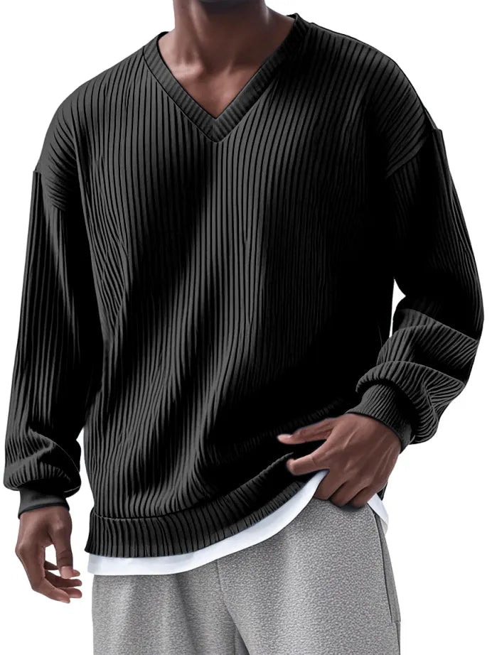 Men's Everyday Loose V-neck Vertical Long-sleeved T-shirt