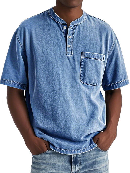 Men's Vintage Distressed Stand Collar Pocket Casual Short Sleeve Henley Shirt
