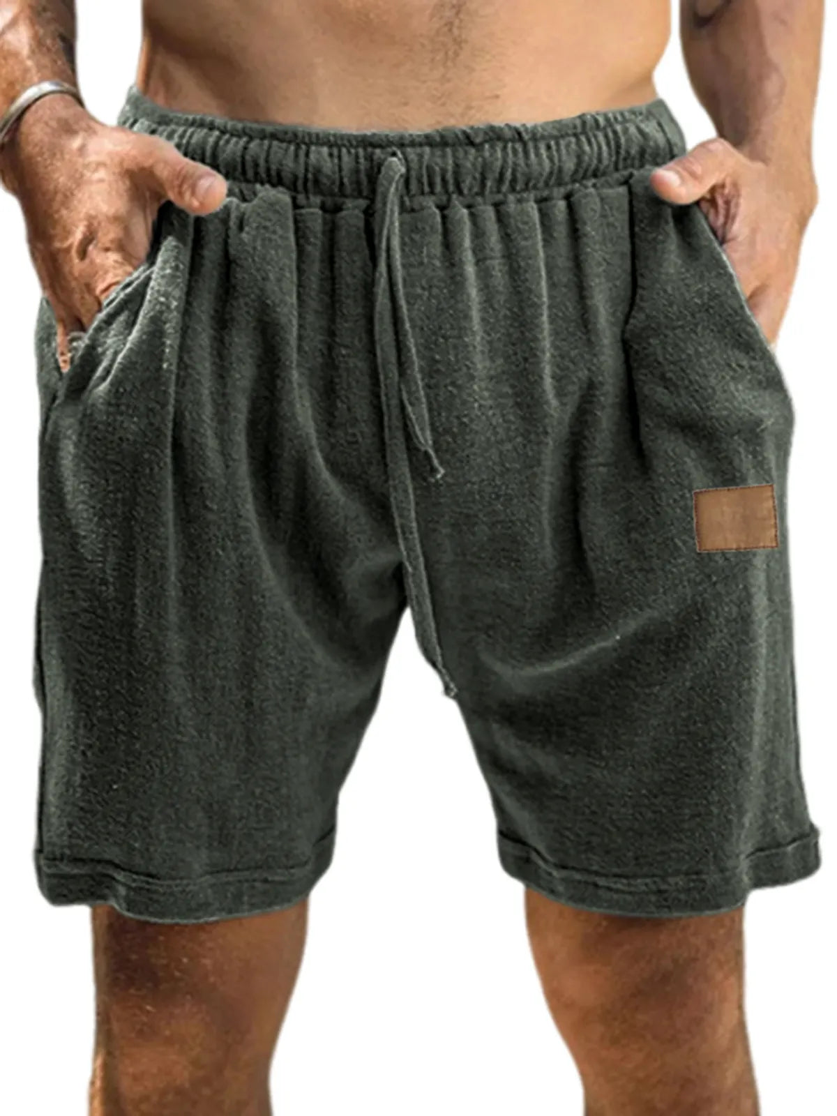 Men's Textured Comfort Embroidered Logo Holiday Casual Lace-Up Shorts with Side Pockets