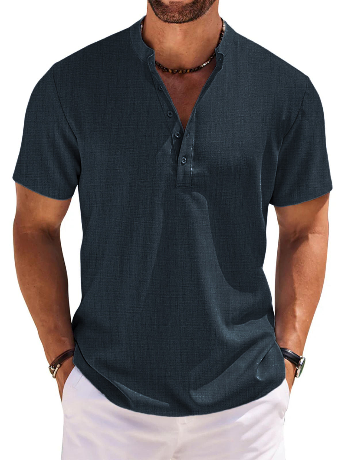Men's 100% Cotton and Linen Casual Short Sleeve Henley Button Shirt
