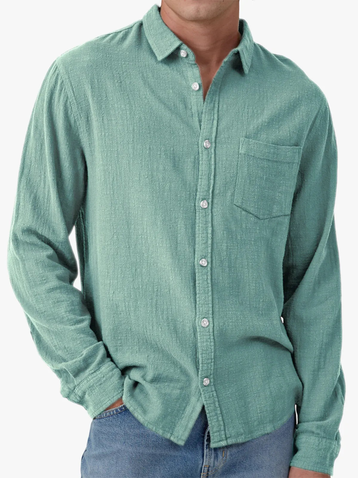 Men's Vacation Hawaiian Casual Vintage Cotton Casual Long Sleeve Shirt with Chest Pocket