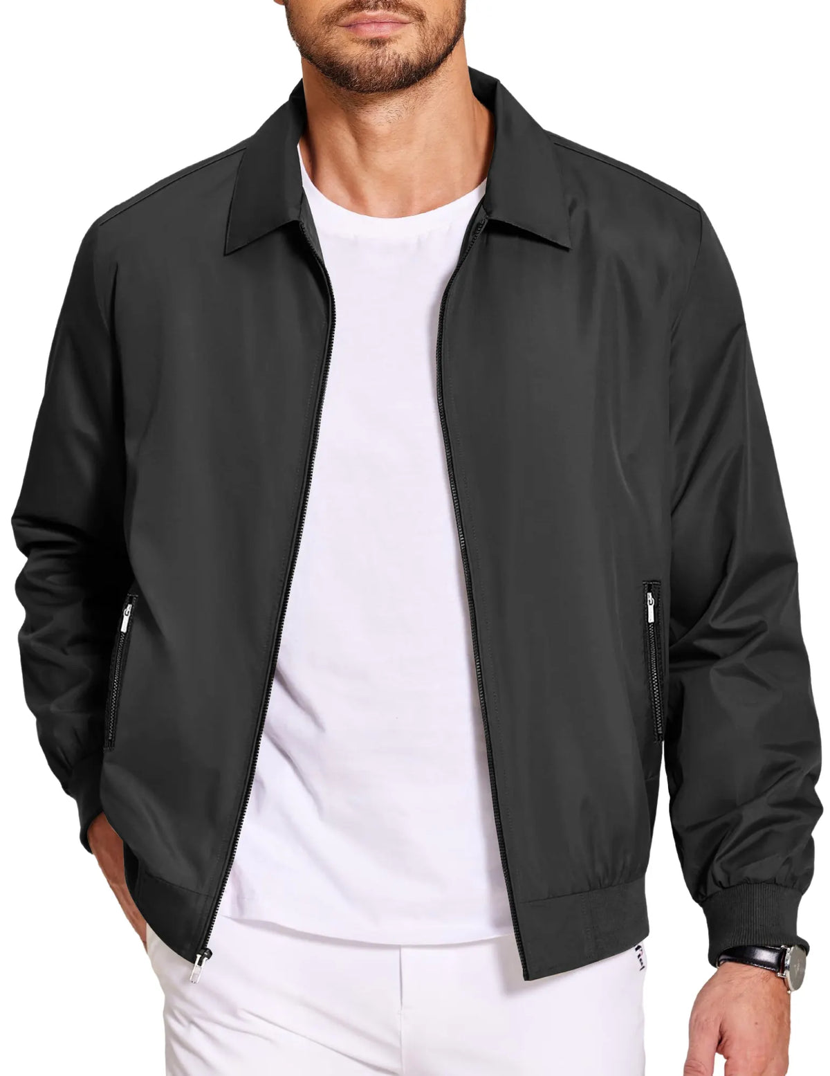 Men's Lightweight Jackets Casual Bomber Windbreaker Zip Up Collared Jacket Golf Windproof Coat