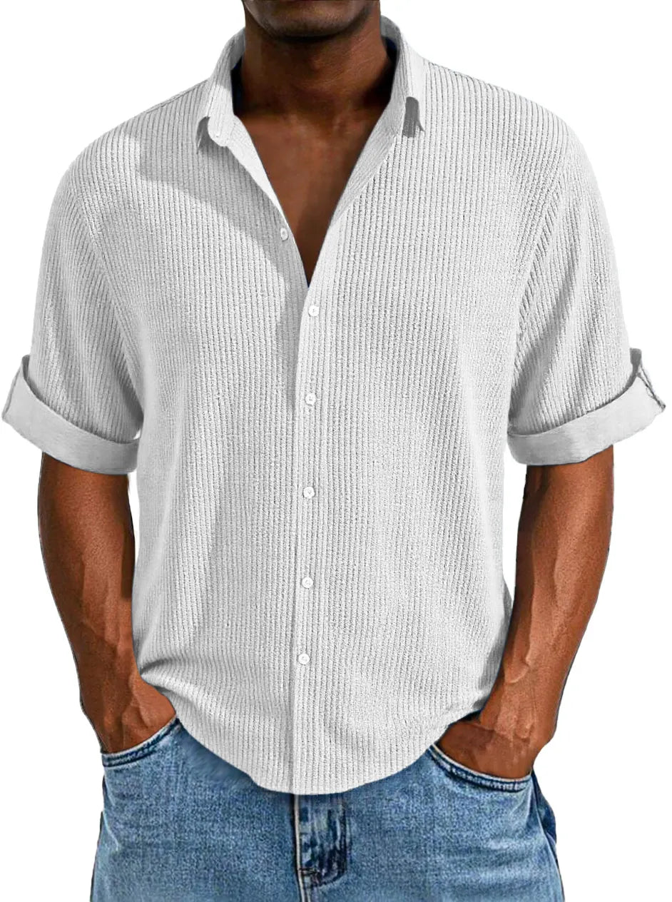 Men's Casual Loose Simple Texture Solid Color Button Short-sleeved Shirt