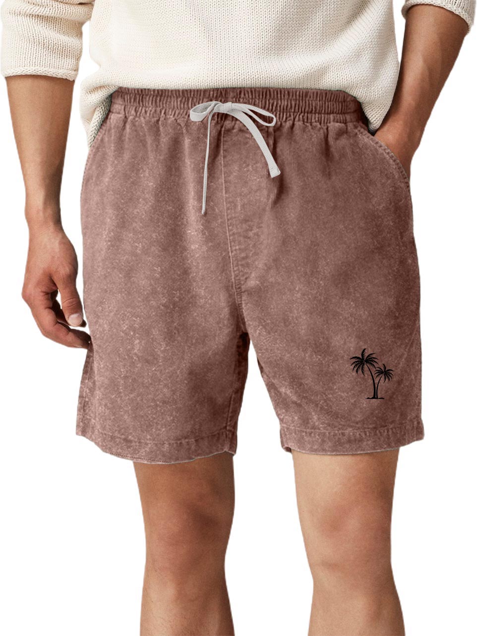Men's Cotton Washed Water Distressed Wax Printed Pockets Palm Tree Printed Daily Shorts