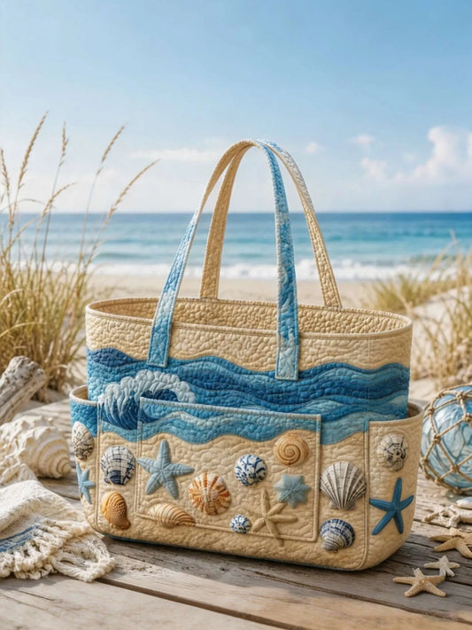 Sea Blue Multiple Pockets Quilted Tote Bag