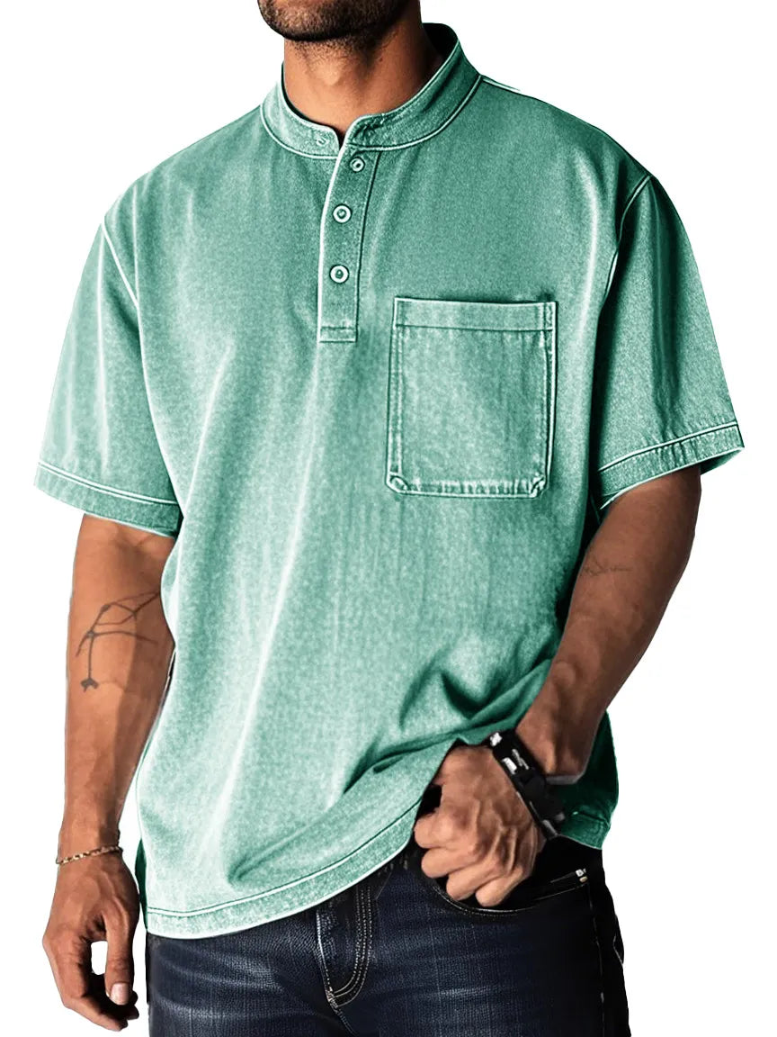 Men's Fashion Retro Distressed Pocket Short Sleeve Lapel Henley Shirt
