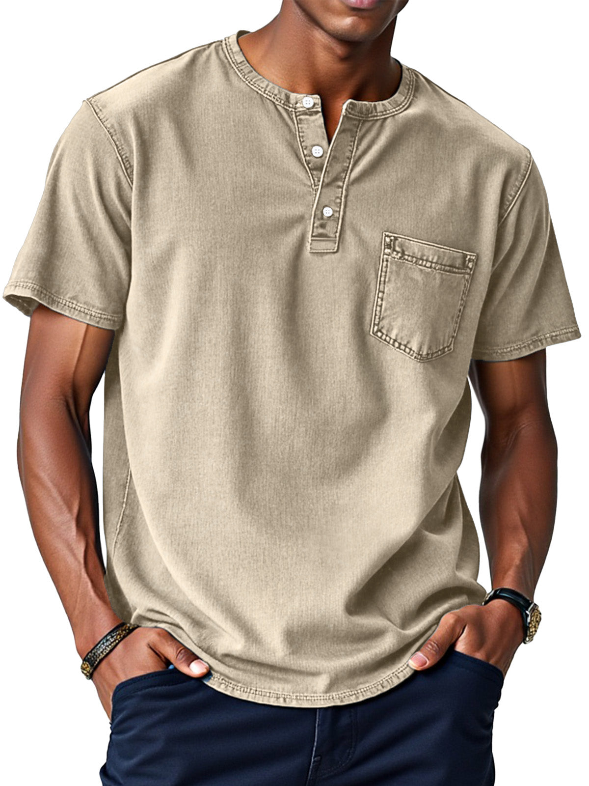 Men's Retro Solid Color Loose Button Stand Collar Short Sleeve Henley Shirt