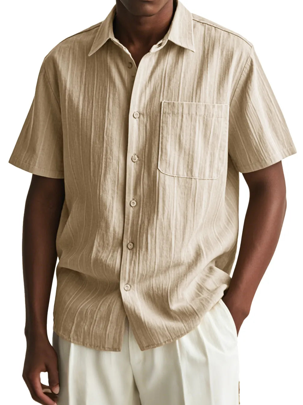 Men's Fashion Casual Pleated Fabric Short Sleeve Pocket Shirt