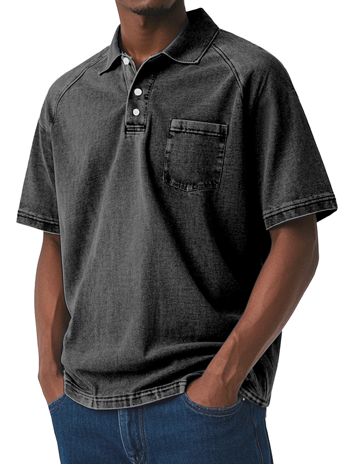 Men's Casual Retro Solid Color Comfortable Raglan Sleeve Lapel Polo Shirt