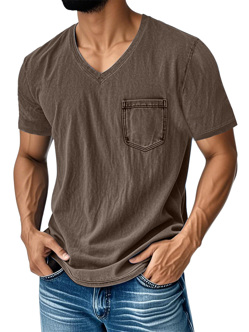 Men's Washed And Distressed Retro V-neck Pocket Casual Short-sleeved T-shirt